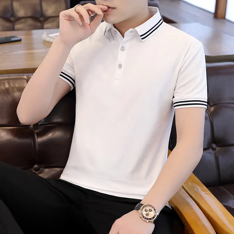 

Men's Short-sleeved Ice Silk Pure Cotton Lapel T-shirt Simple Half-sleeved Polo Shirt Top