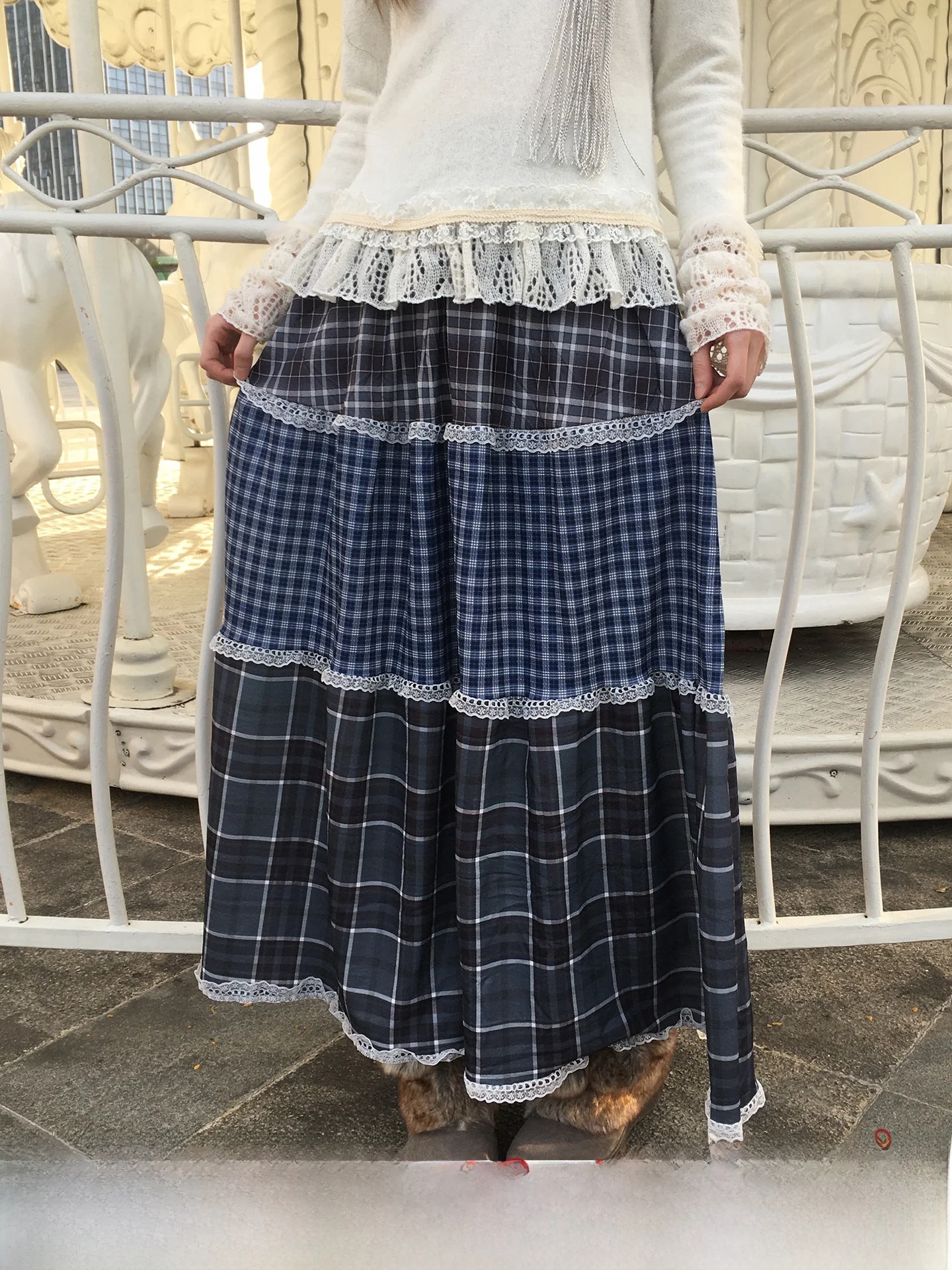 

Ретро-юбка миди с кружевными вставками и высокой талией для женщин, А-силуэт, из смесового хлопка и полиэстера, для повседневной носки, в стиле кэжуал