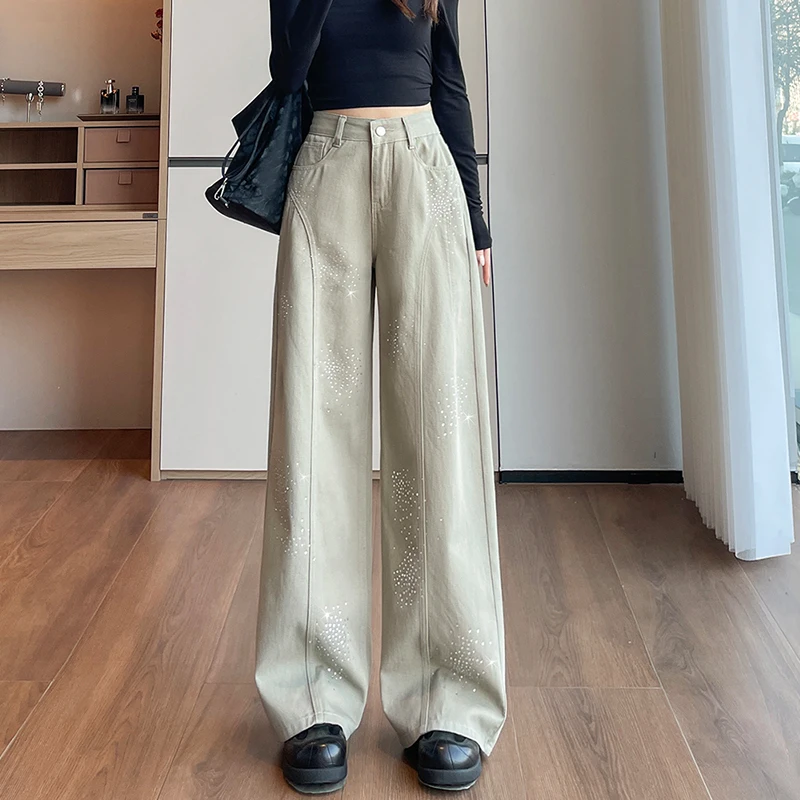 KSTUN Women's Rhinestone Wide Leg Jeans High Waist Khaki Baggy Denim Pants American Vintage 2026 New Y2K Streetwear Trousers