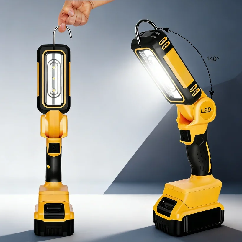 

20 В светодиодный складной рабочий фонарь, регулируемый на 90 градусов, аварийный фонарик для кемпинга, яркое освещение для ремонта на открытом воздухе, подходит для DEWALT