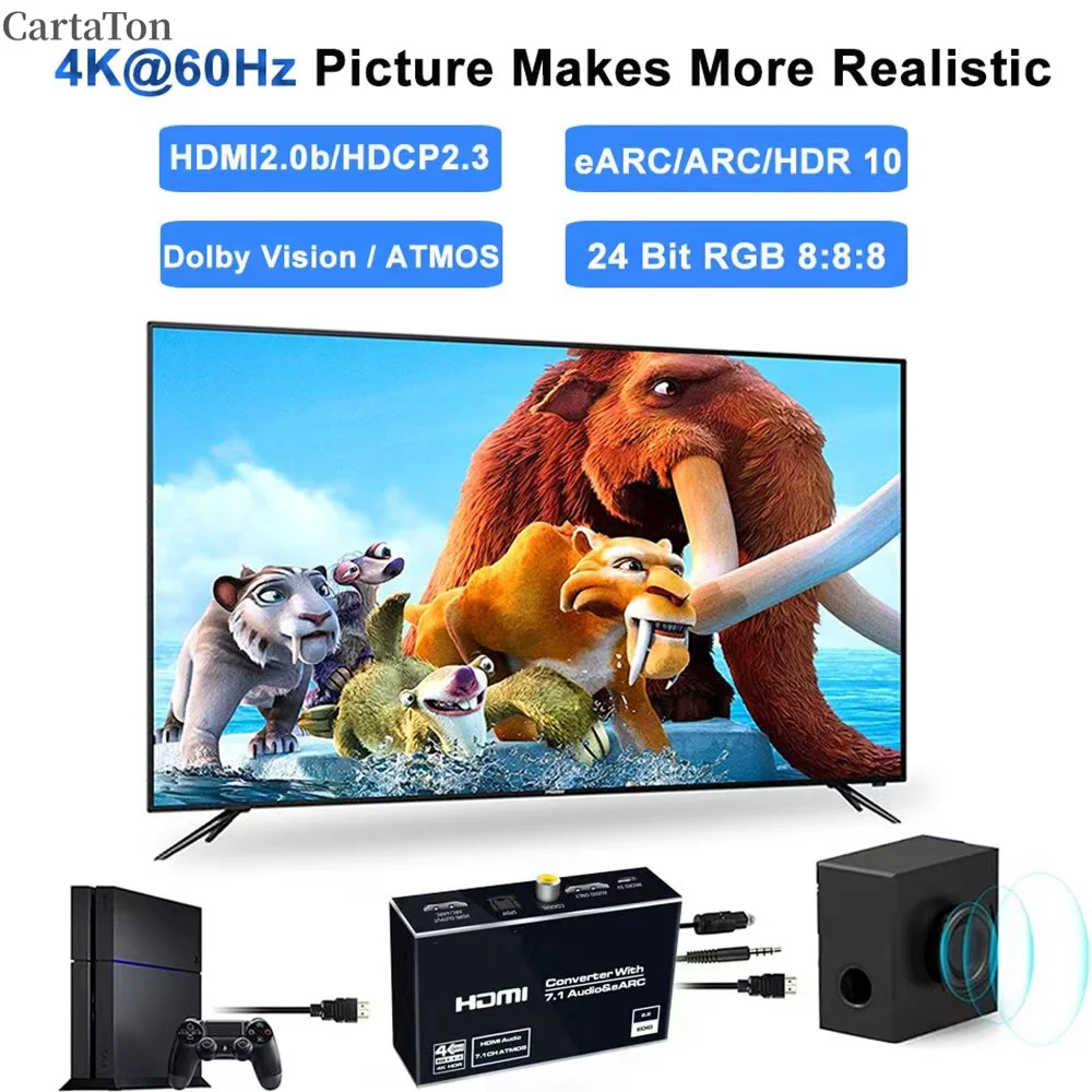 EARC HDMI Audio Extractor Converter 4K60Hz,HDMI 2.0 to HDMI Audio Extractor Switch 18Gbps with 7.1CH Atmos/Toslink/Coaxial view 3