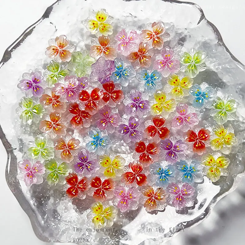 100PC 3D Mixed Gradient Flowers Nail Rhinestones 10mm Ice Translucent Cherry Blossom Nail Charms Resin Colorful Floral Nail Part