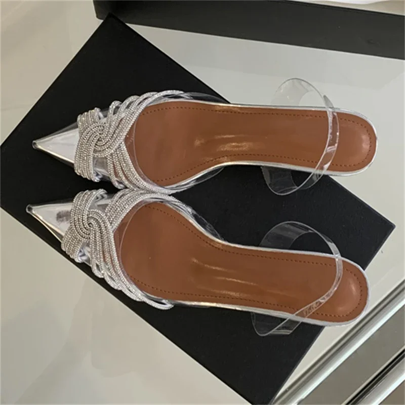 Eilyken Elegant PVC Transparent Crystal Low Heels Pointed Toe Women Pumps Street Style Slingbacks Banquet Party Shoes