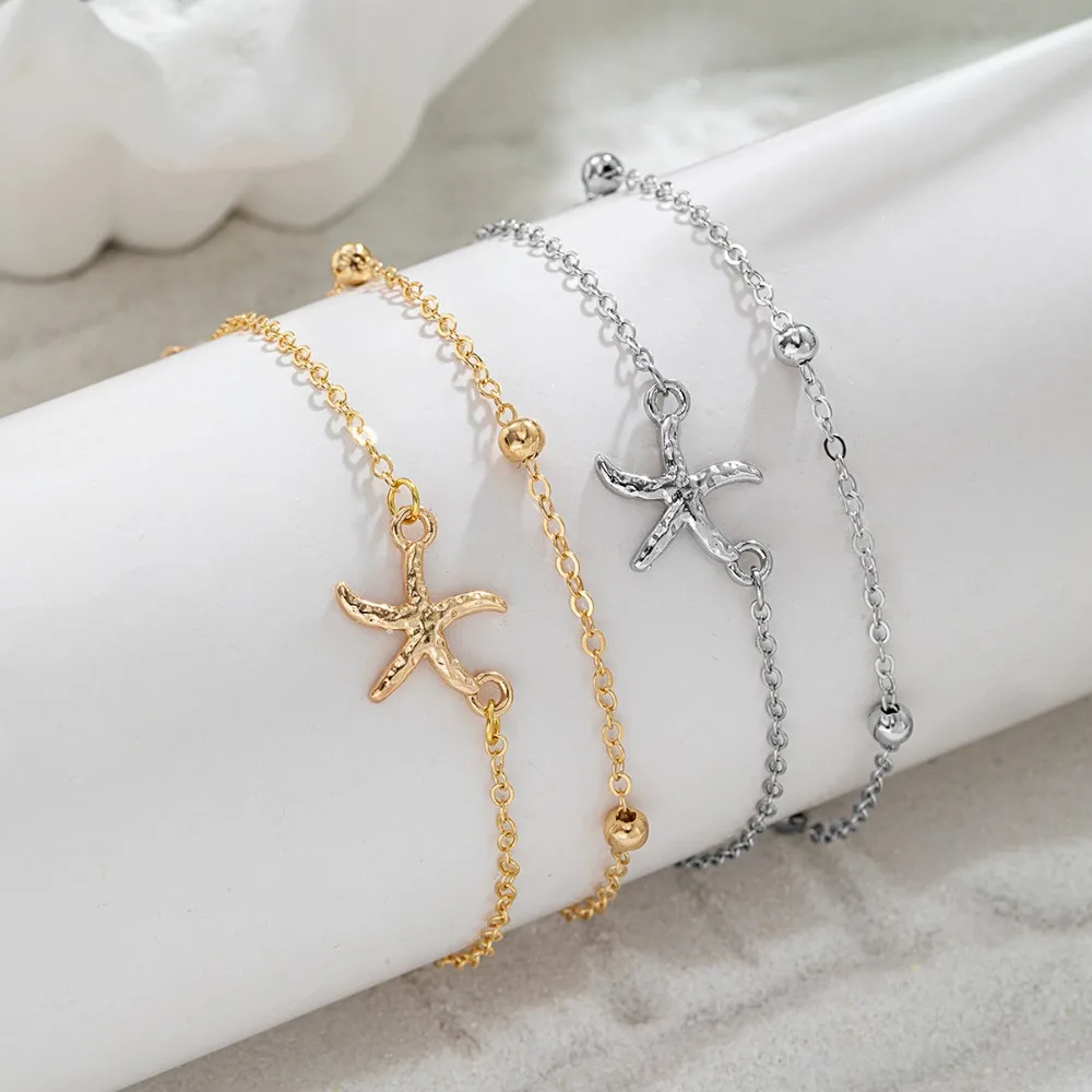 2pcs Set Fashion Exquisite Gold Color Thin Chain Bead Starfish Stackable Anklets for Women Spring Outing Vacation Jewelry Sets