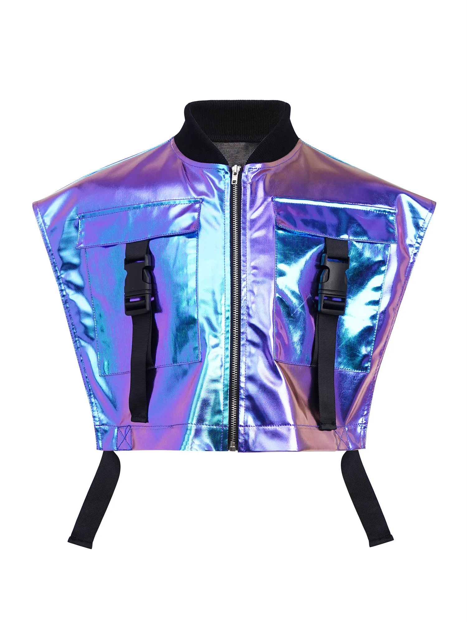 Meisjes metallic glanzend jazz hiphop dansvest jas streetwear mouwloze ritsjas met gespzakken voor toneelvoorstellingen - afbeelding 2
