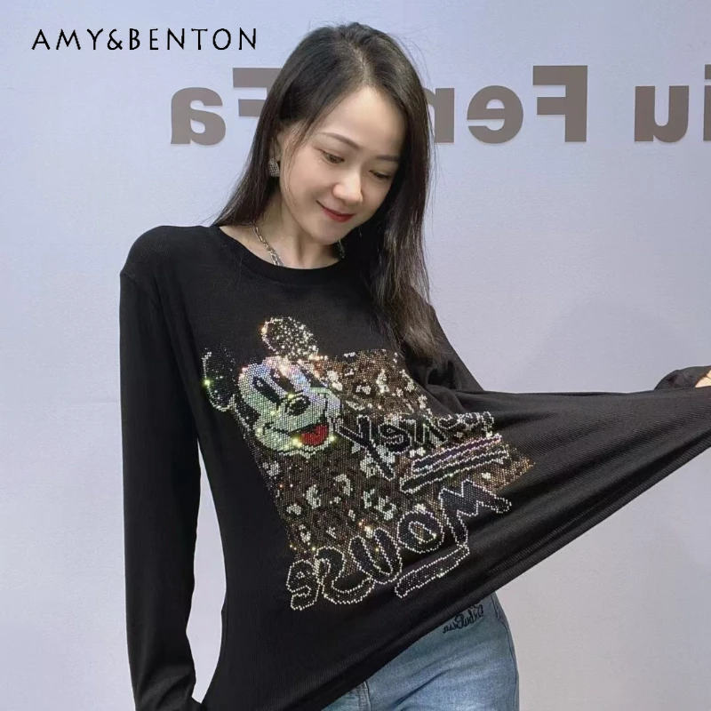 

Black Crew Neck Rhinestone Tees For Women's Autumn Winter Wearable Outside Long Sleeves Slimming Oversized Pullover Top T-shirts