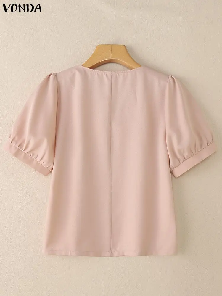 VONDA Elegante Office Lady Camicie Donna Estate Manica corta Colletto con fiocco Tunica Moda Top 2025 Elegante tinta unita Casual Blusas