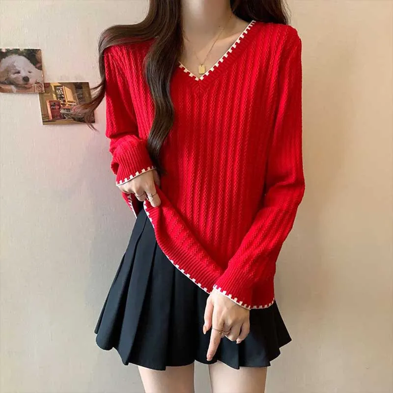 

Fashion V-Neck Spliced Casual Screw Thread Sweaters Women's Clothing 2024 Spring New Loose Knitted Casual Pullovers Korean Tops