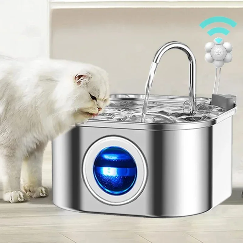 3.2L Cat Water Dispenser Transparent Window with sensor 108oz Super Quiet& Pets Auto Filter Stainless Steel Cats Water Fountain