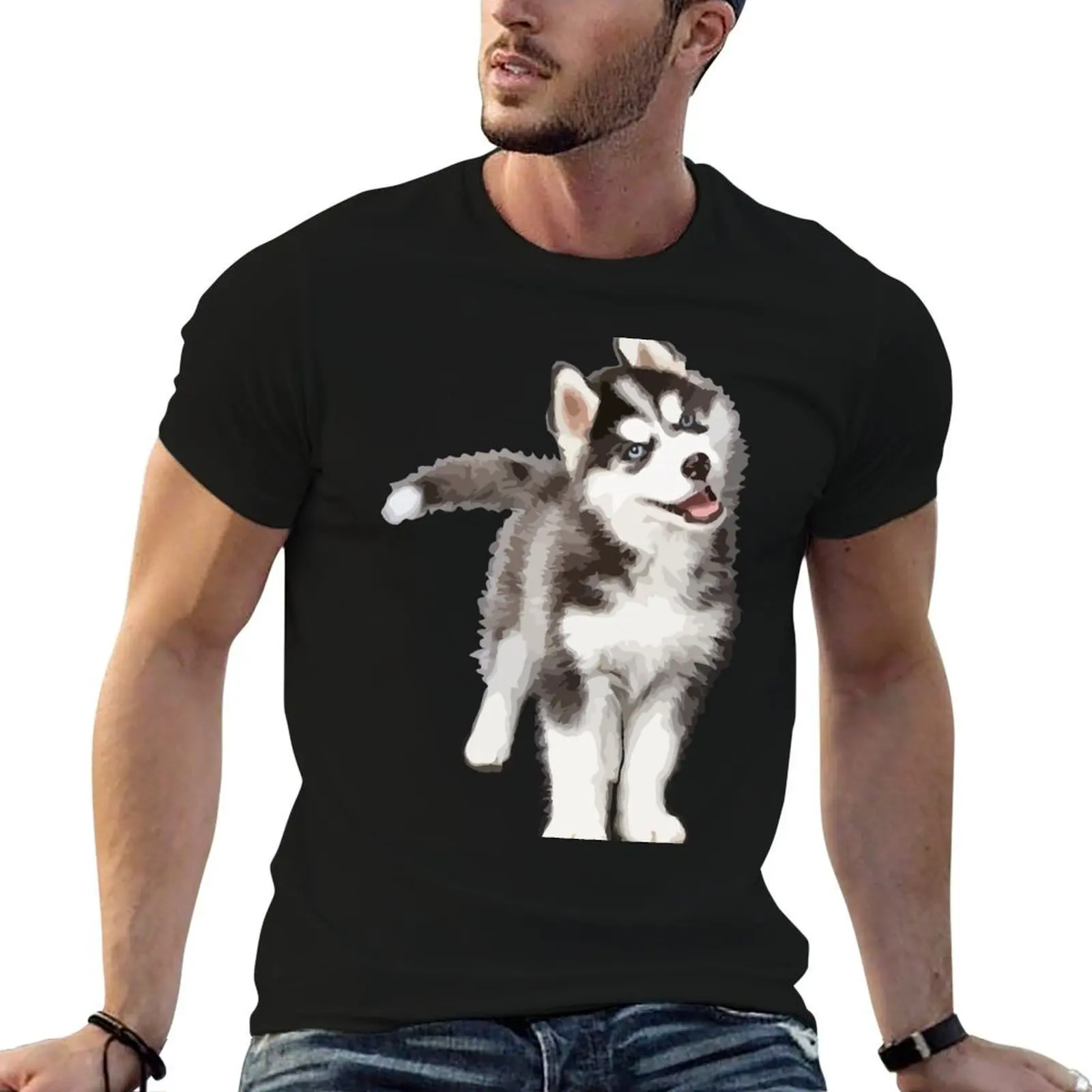 Pomsky Portrait - Regalo para amantes de los Pomsky - Camiseta con diseño de cachorro, camiseta de algodón negra lisa para hombre, camiseta para hombre