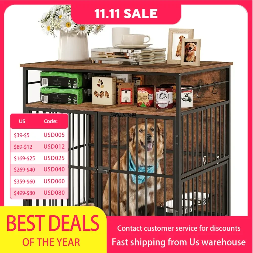 Large dog kennel, heavy kennel with bowl and storage rack, wooden kennel end side table for medium/large dogs, chew resistant