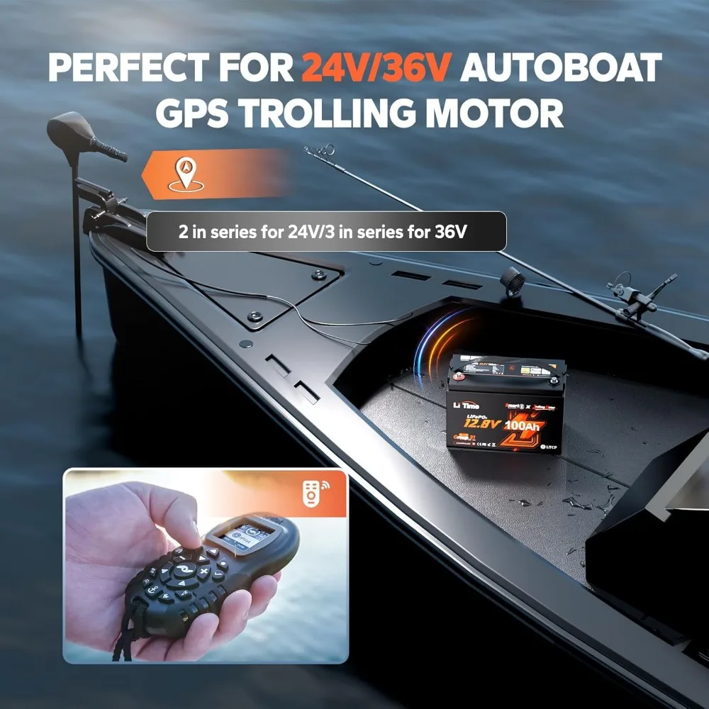 Batterie LiFePO4 pour moteurs de pêche à la traîne 12 V 100 Ah (groupe 31), piles au lithium Bluetooth 12 volts, maximum. 15 000 cycles profonds 100A BMS