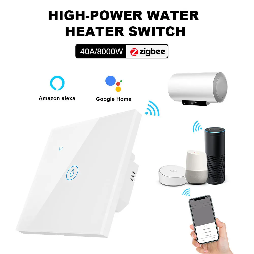 Zigbee Smart WiFi Water Heater Touch Switch, EU Standard, Voice Control, Countdown, Glass Panel, Voice Control