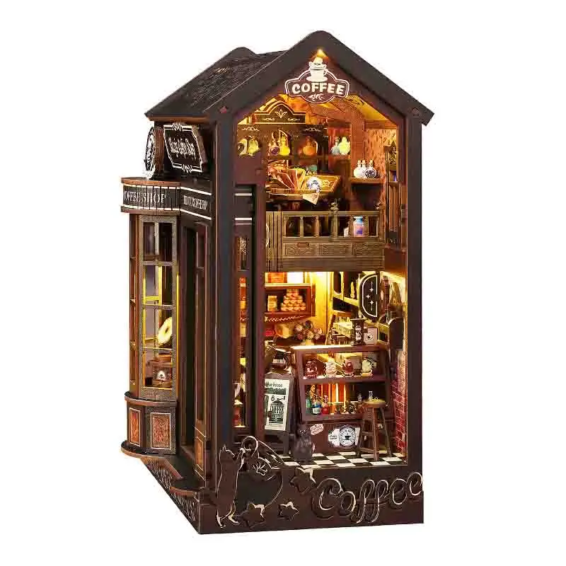 Diy livro nook prateleira inserir kits magia café estante de madeira modelo em miniatura kit artesanal estante para amigo presente aniversário