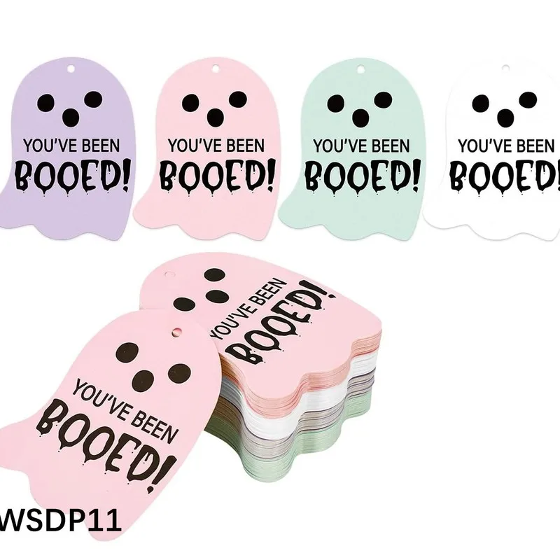 100pcs Colorful and cute ghost-shaped tags with strings, perfect for Halloween gift boxes and packaging