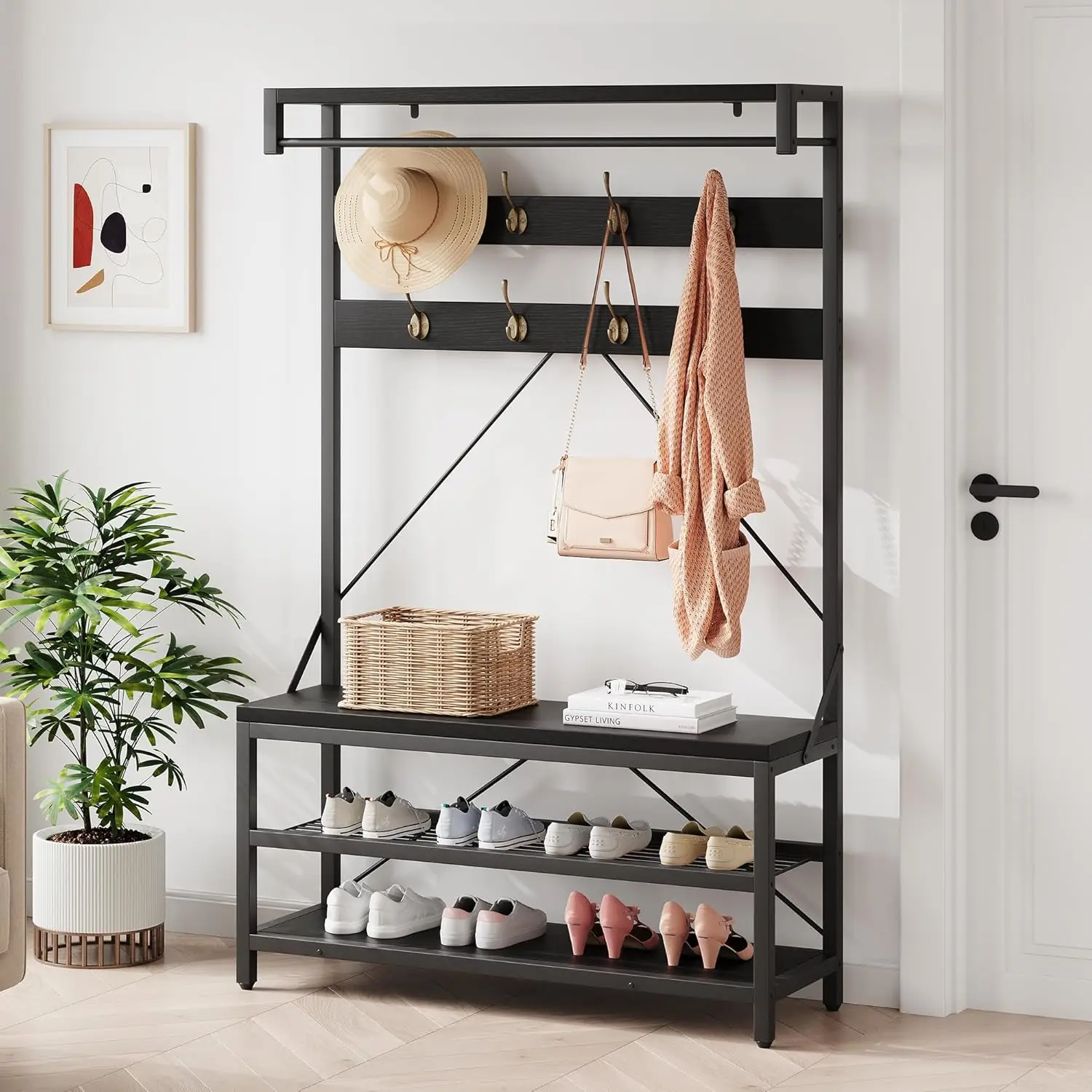Industrial Coat Rack With Shoe Bench Freestanding Clothes Stand With Storage Shelves 8 Hooks Wood-Look Metal Frame 101x40x182 cm