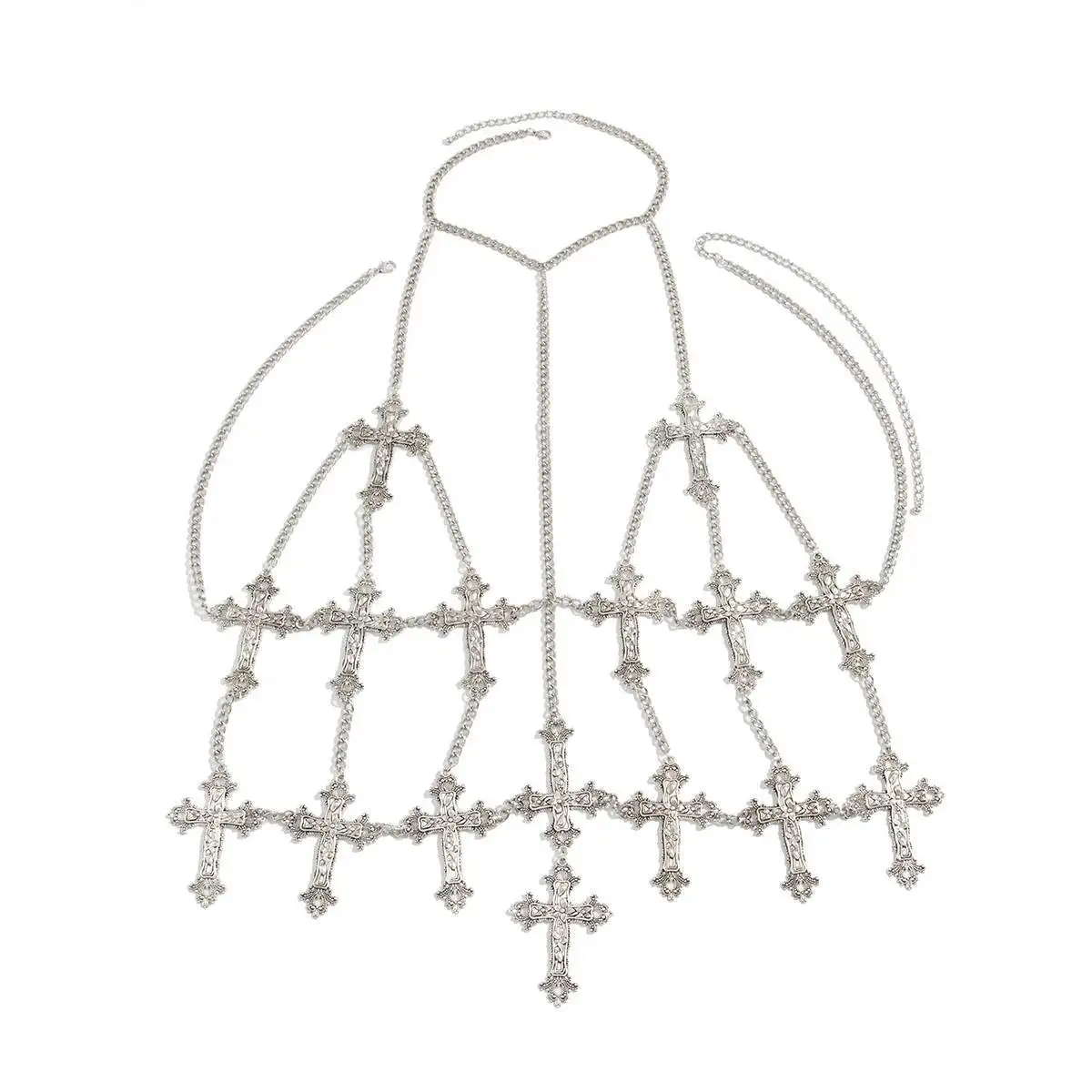 Sexy Silver Color Jesus Cross Chest Bra Chain Necklace for Women Goth Rave Festival Halloween Party Body Jewelry Gift
