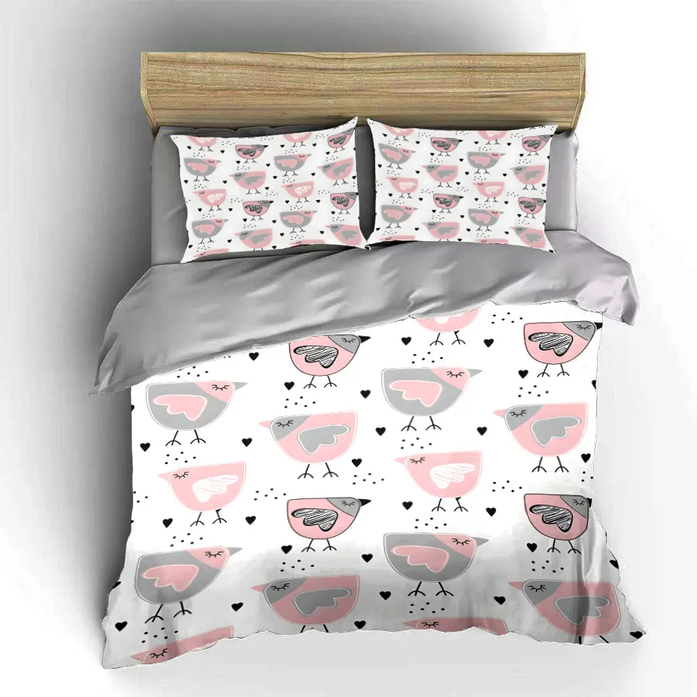 3pcs Pink birds with heart patterns Print Soft Comfortable Duvet Cover Bedding Set Included 1*Duvet Cover 2*Pillowcases 5