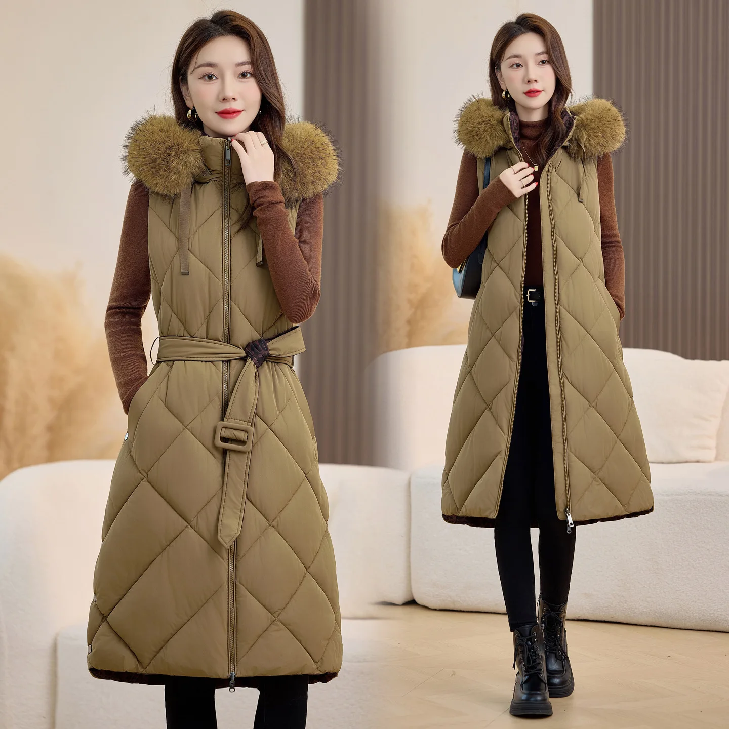 Removable Hat Big Fur Collar Over Knee Long Vest Women Leopard Print Cotton Clothes New Autumn Winter Warm Vest Female Waistcoat