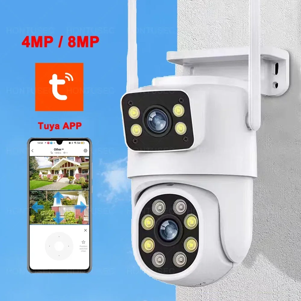 Tuya 4K 8MP Dual Lens Wifi Security Camera Outdoor Waterproof IP66 AI Human Detect Auto Tracking Two Way Audio CCTV IP Camera