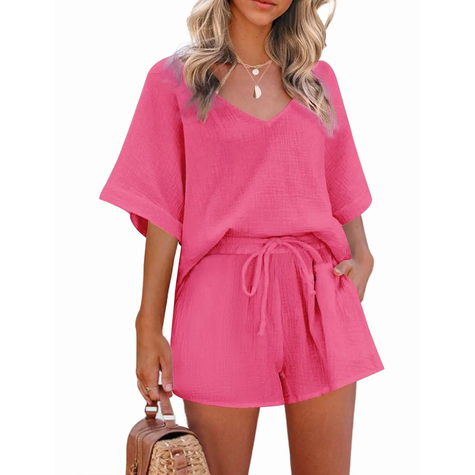 New Women Lounge Wear Shorts Set Short Sleeve Shirt Tops And Loose Mini Shorts Suit Two Piece Set Cotton Linen Summer Tracksuit