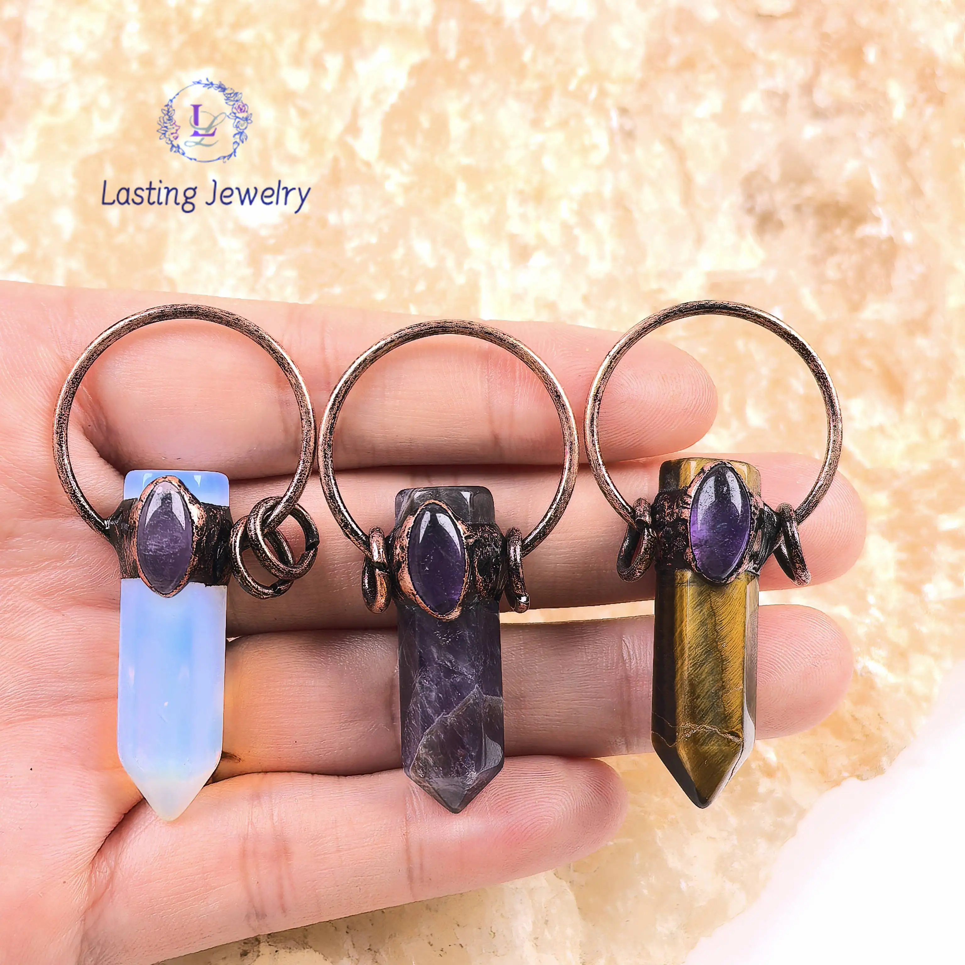 

Hexagonal Quartz Point Anitque Copper Hoop Pendants,Soldered Bronze Tiger Eye Opal Amethyst Charms Necklace DIY Vintage Jewelry