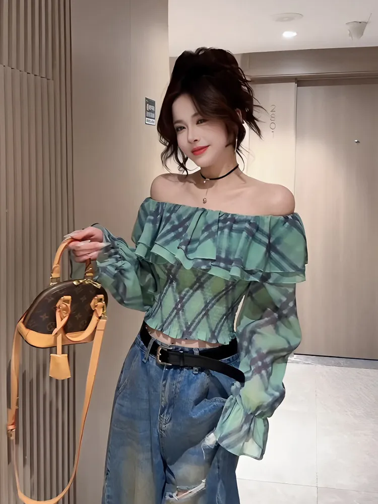 

Green Plaid Shirt Women's Slim Fit Shoulder Bared Short Top Pure Desire Style Spring New Arrival Fashion Sensation
