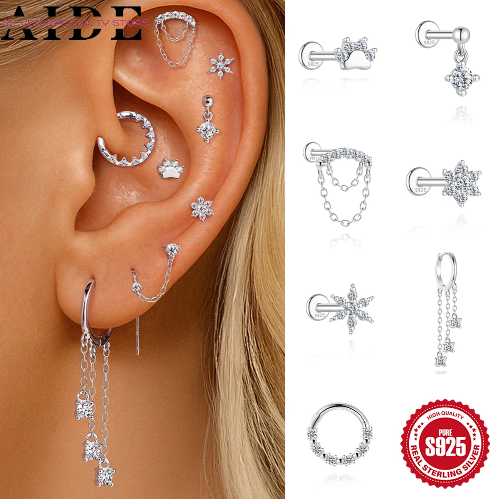

AIDE 1Pc Moissanite Chain Tassel Geometric Flower Piercing Cartilage Earring Women's 925 Sterling Silver Valentine's Day Gifts