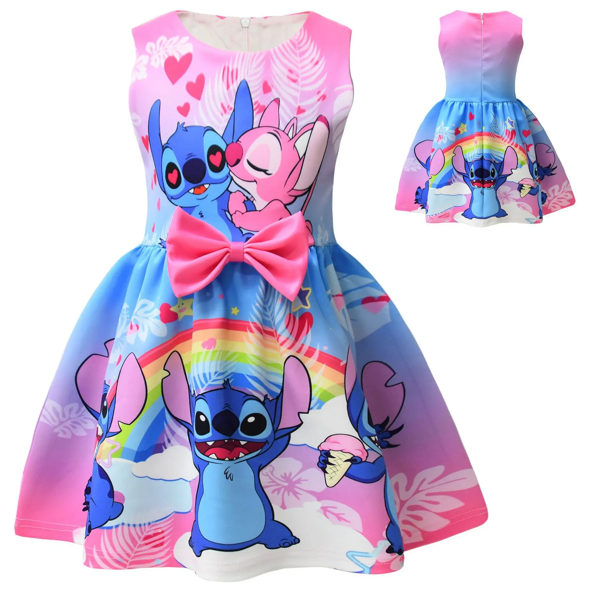 Lilo & Stitch Girls Dress Costume Disney 2025  Cosplay Christmas Kids Birthday Party Cartoon Print Children Front Bow Dresses