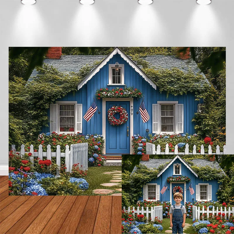 

LS Independence Day Photography Background Garden Blue House USA Flag Wreath Decor Adult Kids Portrait Photo Backdrop Studio