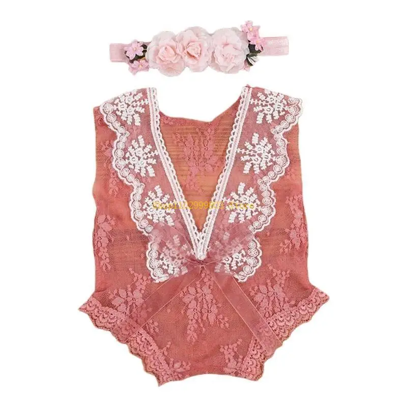 

Baby Lace Romper Headband Set Newborn Photography Props Bodysuit Jumpsuit with Flower Hair Band Infants Fotografie Outfits J0MF