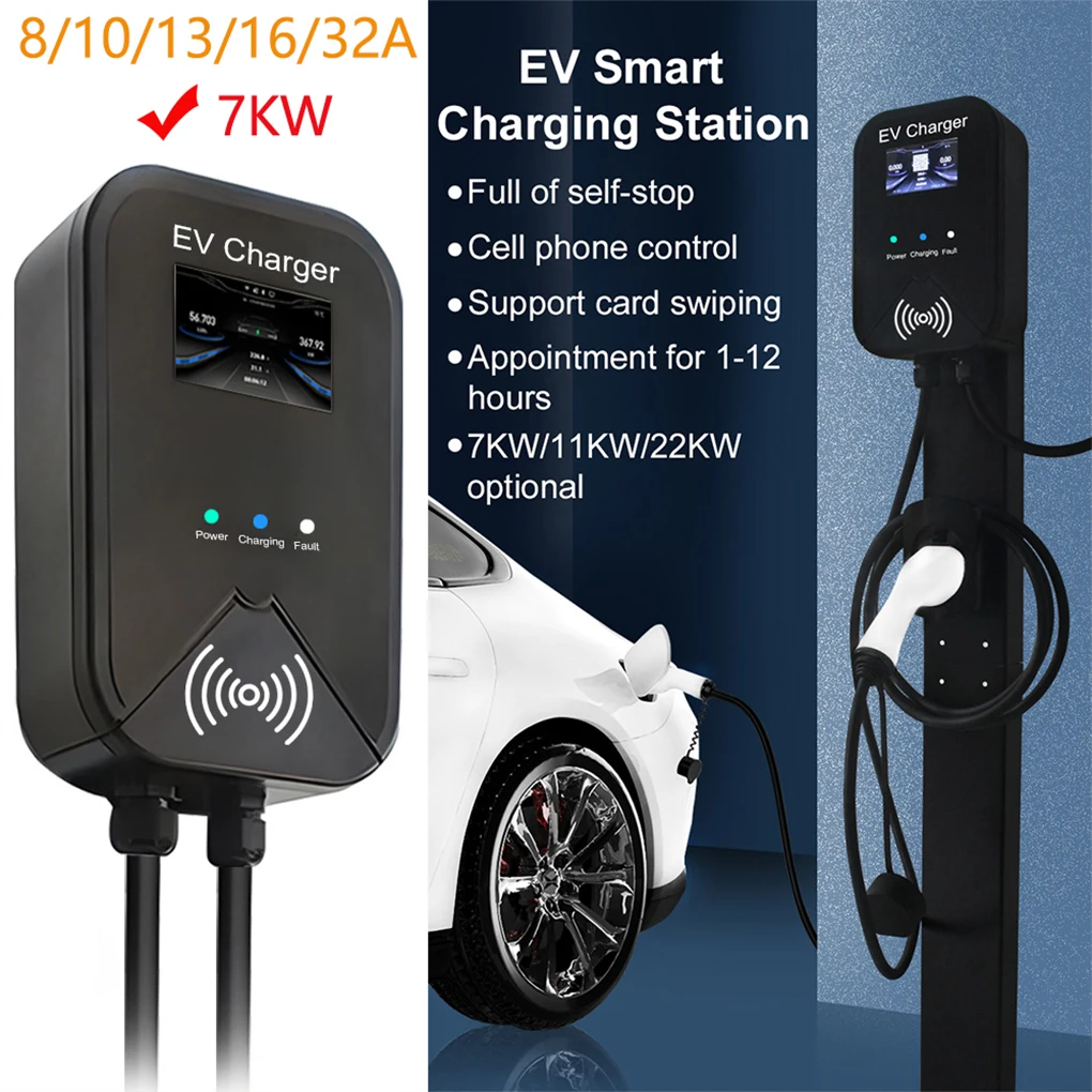 5M Electric Vehicle Charging Station Type-2 32A/7KW Charging Station 4.3-inch LCD screen Electric Car Wallbox