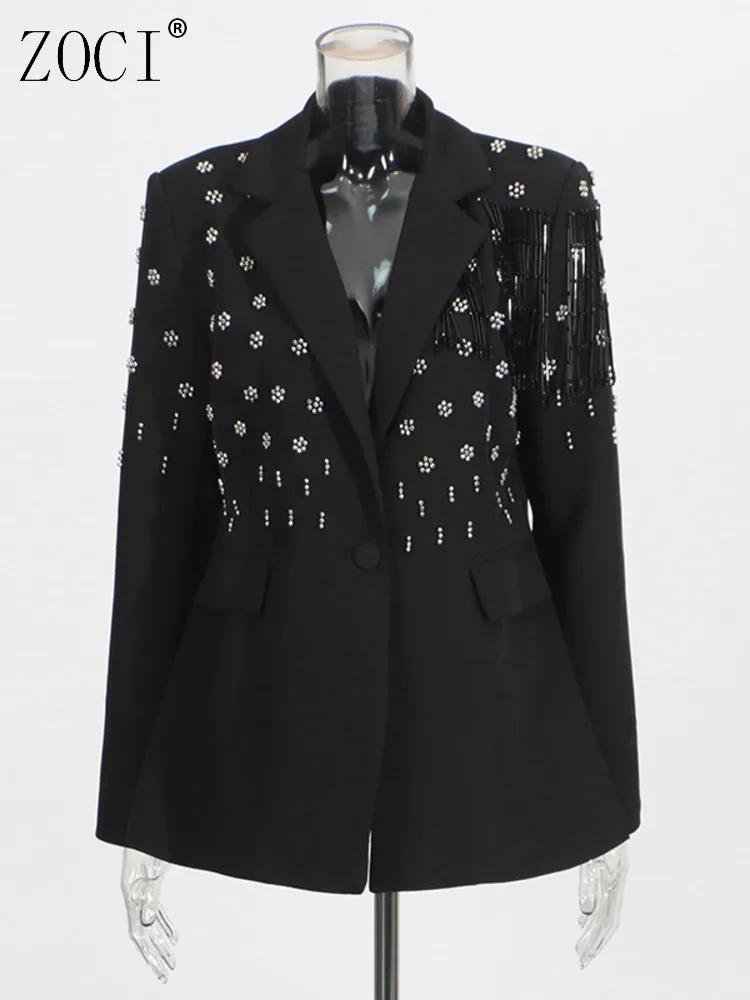 

ZOCI Fashion Women's Blazer Beading Tassel Suit Jackets For Female Solid Color Notched Collar Coats Casual Tops 2025 Spring New