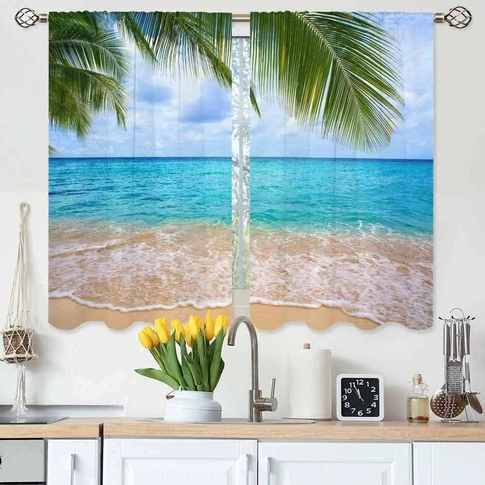 Tropical Beach Kitchen Curtains Caribbean Sea and Palm Leaves Short Tier Curtains  Bathroom Cafe Small Window Drapes Treatment