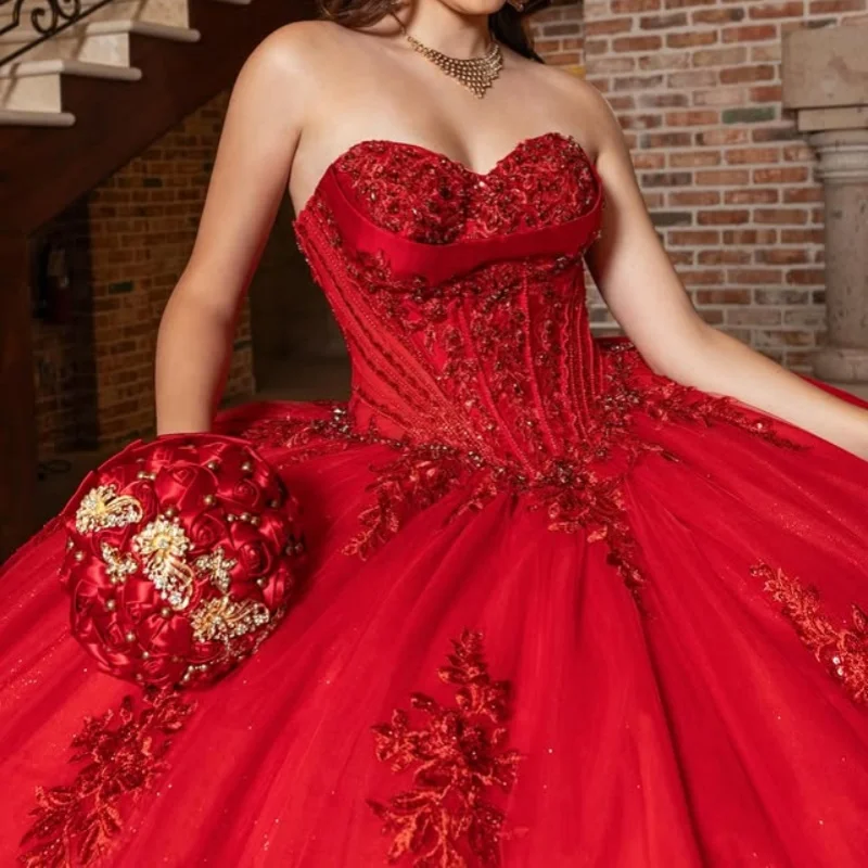 

Red Quinceanera Dresses Off the Shoulder Glitter Crystal Beads Decal Long tail Bow Vestido De 15 Quinceanera Customize