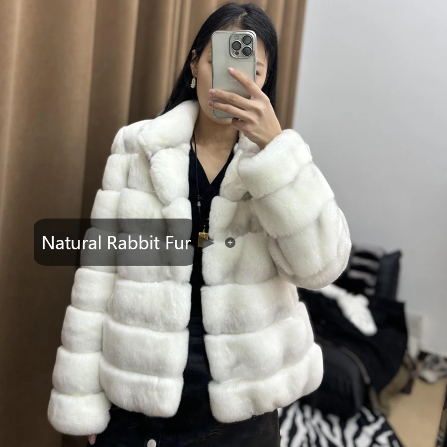 سترة فرو أرنب ريكس الحقيقي مع ياقة عالية سترة شتوية نسائية شينشيلا اللون سترة فرو سترات جلدية أصلية فاخرة