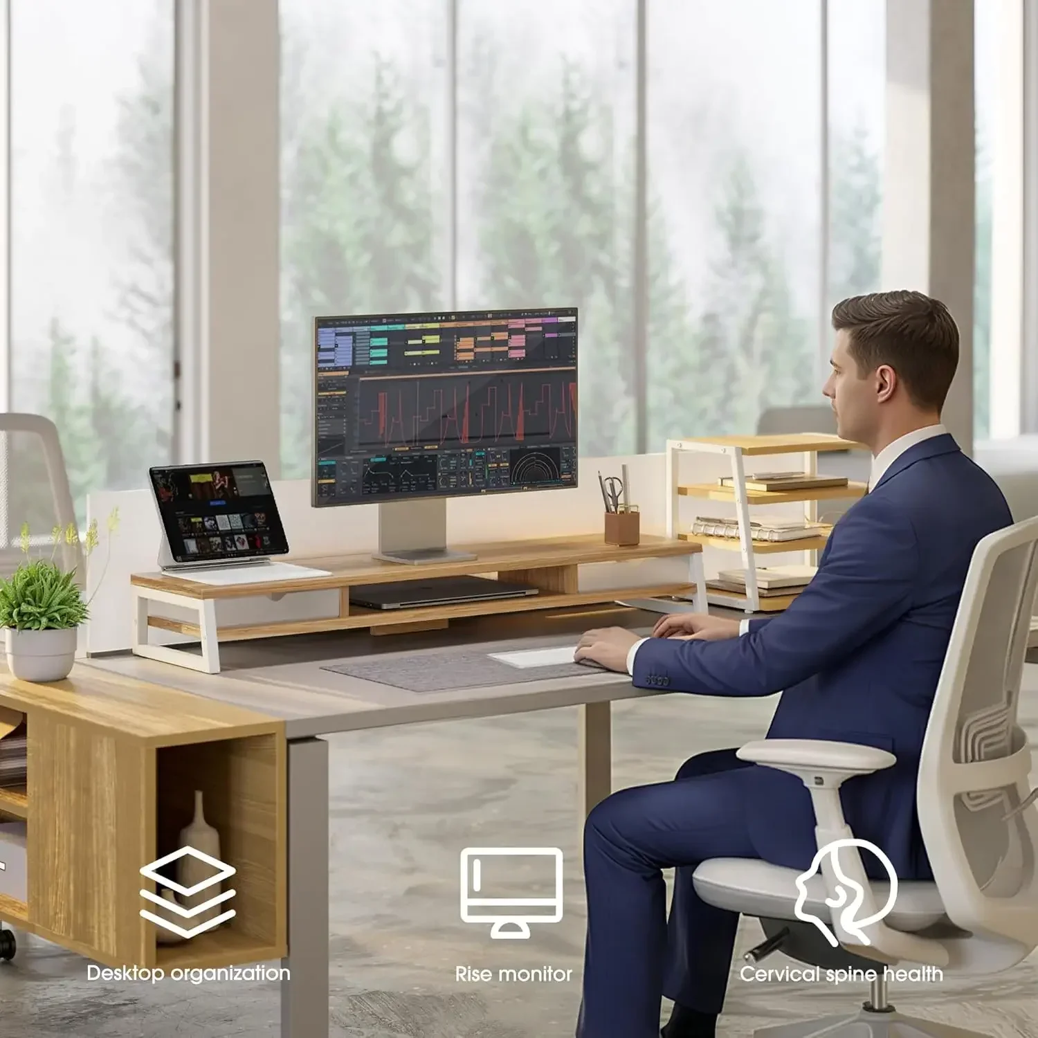 Dual Monitor Stand, Monitor Riser with Drawer, 42.5 Inch Large Computer Monitor Stand for 2 Monitors, 2 Tier Wooden Desk Shelf f