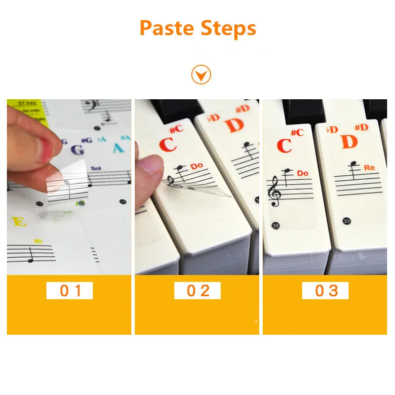 Autocollants transparents pour piano,étiquettes adhésives de couleur avec symboles de portées, pour clavier électronique, pour touches blanches,