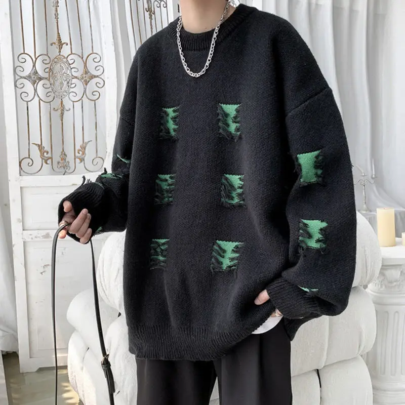 Destructive Sweater Men\'s American High Street Trendy Brand Loose Large Round Neck Knitted Sweater Coat Casual Knitted Sweater