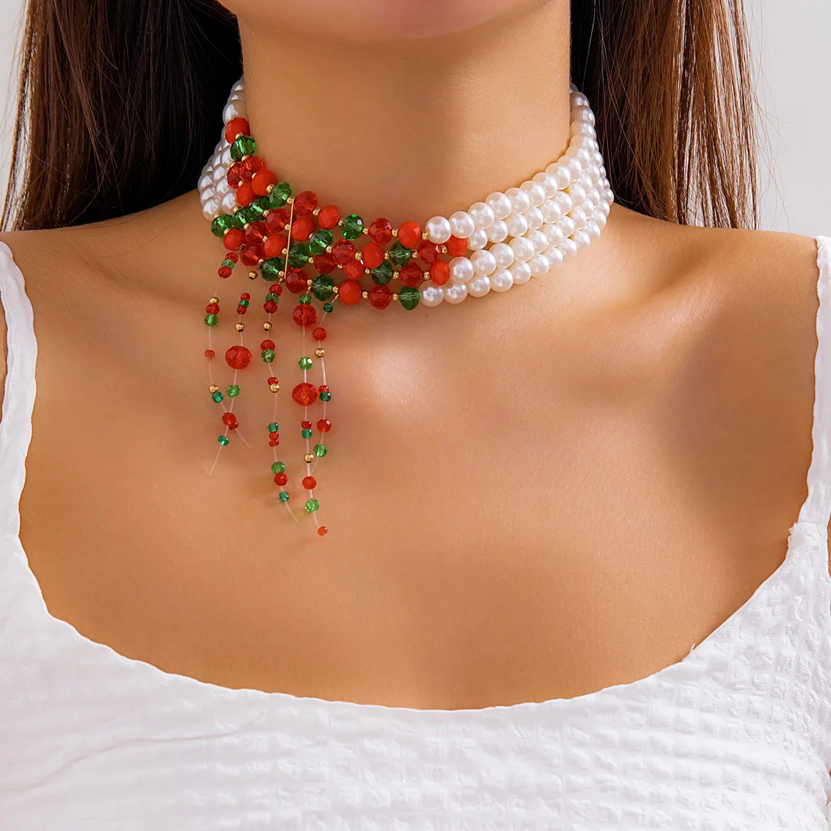 Faux Pearl Choker Layered Round Bead Tassel Vintage Gothic Christmas Party Premium Adjustable Rose Gold Tone Jewelry Women