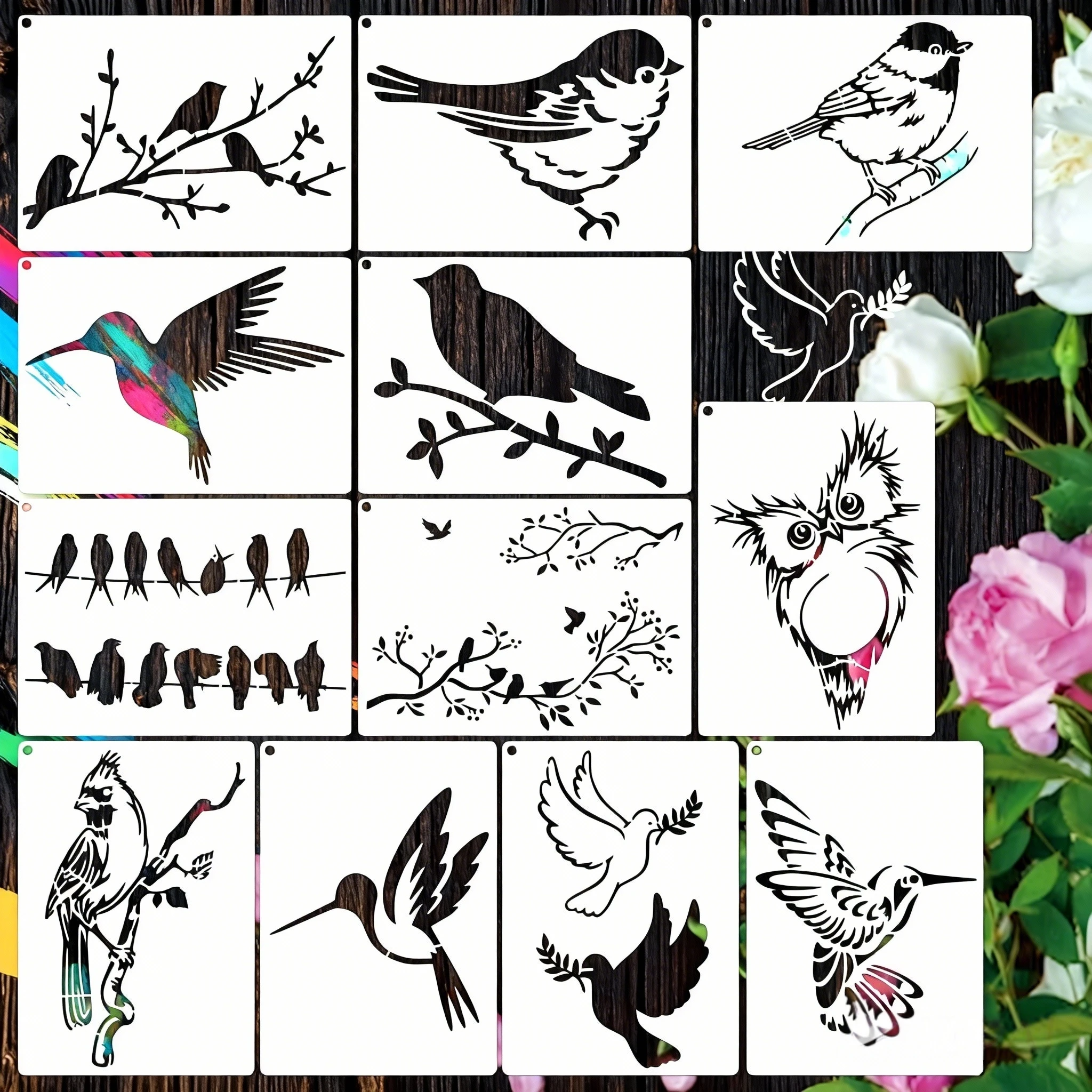 12 Types of Bird-Shaped A6 Size Wooden Craft Templates for Painting, Reusable Templates for Hummingbirds and Owls on Branches, Suitable for Card Making, Walls, Fabric, T-Shirts, and Furniture