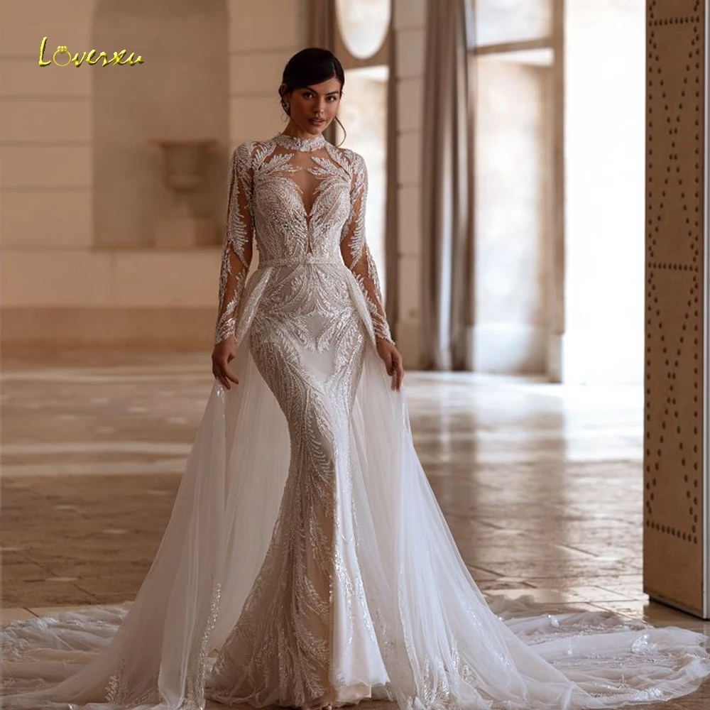 Loverxu sereia vestidos de casamento alta pescoço manga longa vestido de novia renda bordado trem destacável feito sob encomenda vestido de noiva