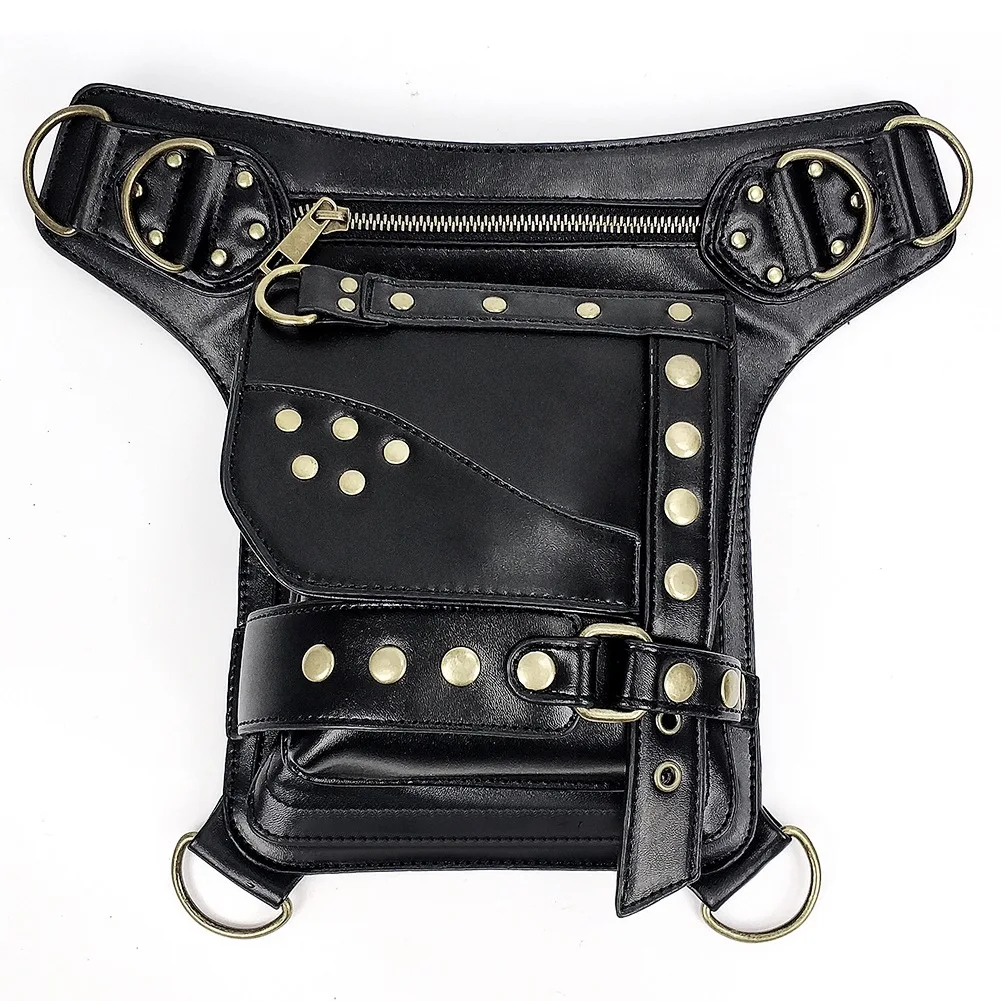 New Steampunk Retro Motorcycle Bag Women Fashion Outdoor Sports Cycling Waist Leg Bag PU Leather Waterproof Rivet Chain Bag Man