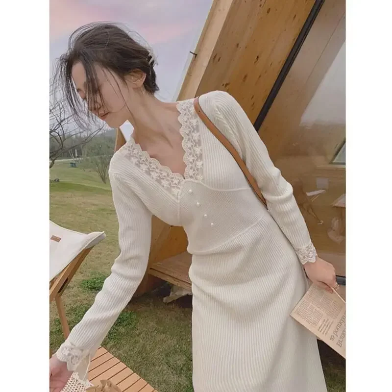 

Long Dresses for Women Knitted Mid Length Women's Spring 2024 New Casual Button V-Neck Retro Sleeve F58