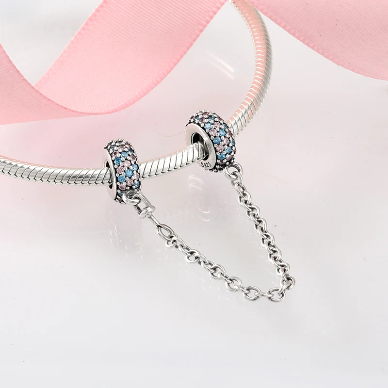 Real 925 Sterling Silver Charms Bead Heart Flower Round Shape Safety Chain Charms Fit Original Charm Bracelet Jewelry Making