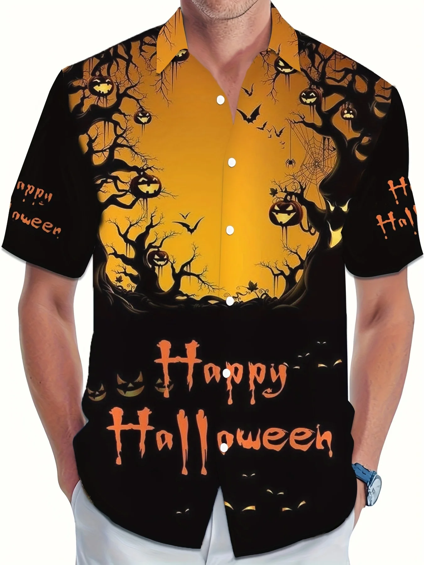 Unisex Loose Button Down Shirt Halloween Pumpkin Dead Tree Bat Graphic Print Camp Collar Short Sleeve Party Leisure Tops