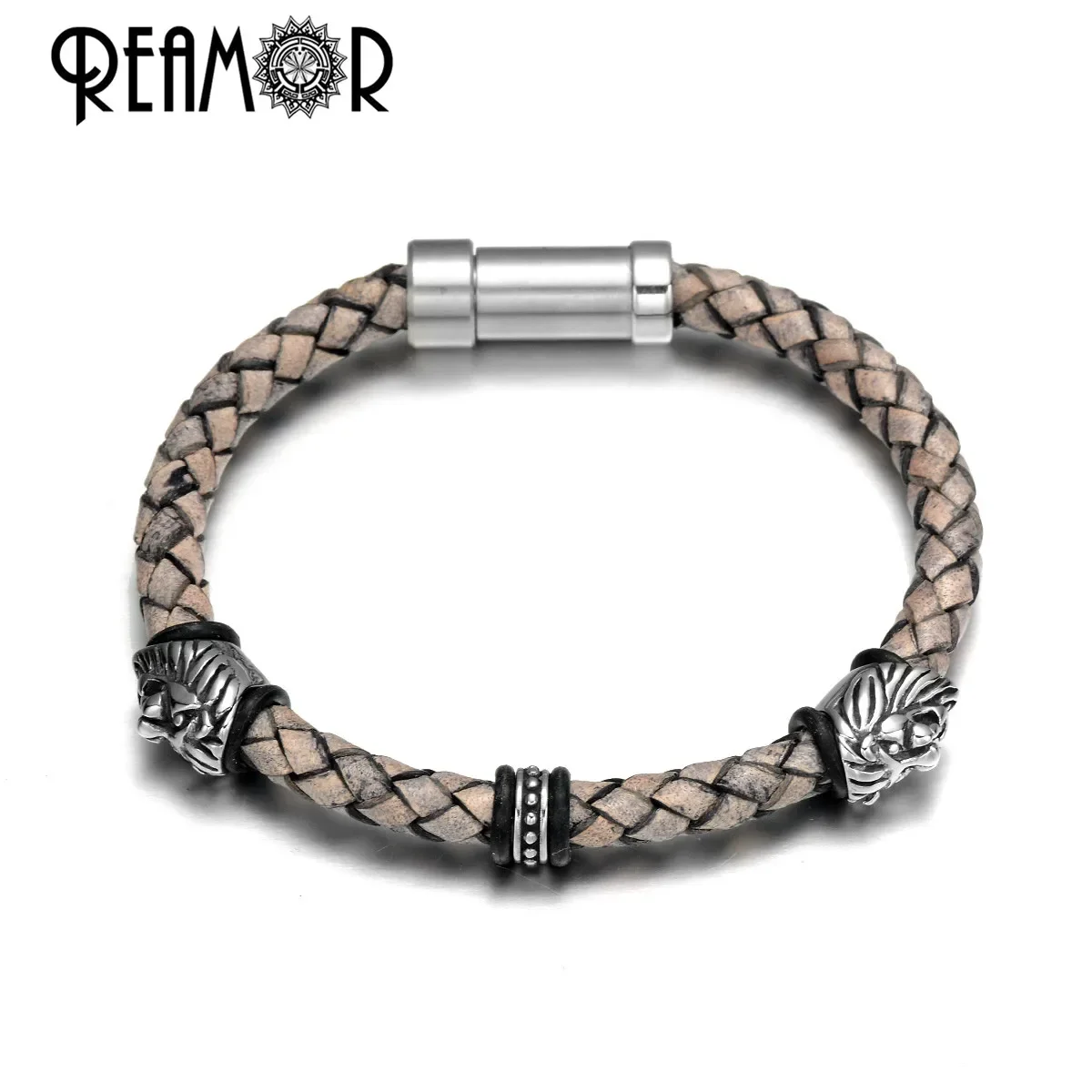 REAMOR الرجال اليدوية جلد طبيعي مضفر سوار 316L الفولاذ المقاوم للصدأ الأسد رئيس الإناث سوار المجوهرات العصرية #1