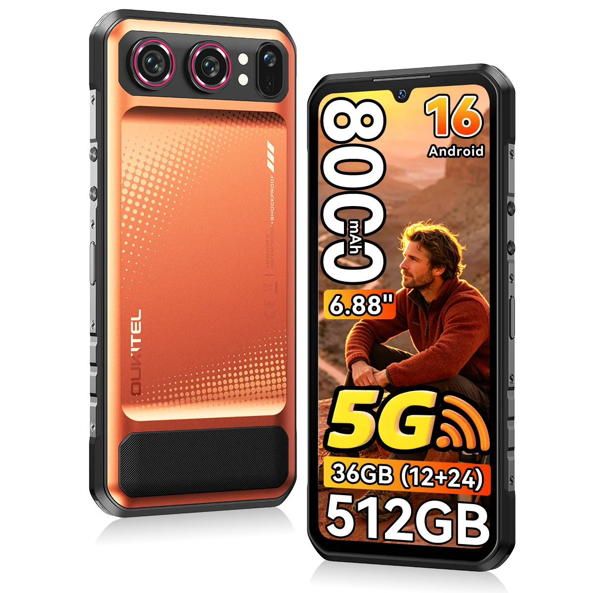 [Versand aus Polen] Robustes 5G-Smartphone OUKITEL WP68 Air, 36 GB (12+24) RAM + 512 GB ROM, 8000mAh Akku, 45W Schnellladung, 6,88-Zoll-120Hz-Display, Dimensity 7025 Prozessor, Android 16.0, 64MP