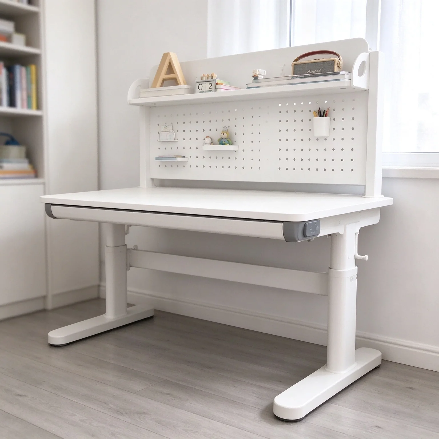AOLIVIYA Kids Study Learning Table Classroom Table Solid Wood Lift Hand Crank White School Reading Room Desk Chair Set