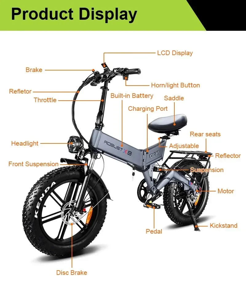 OUXI X8 Folding Electric Bicycle 750W Motor 48V15AH 20*4.0 Fat Tire OffRoad Mountain Snow E-Bike Adult City Travel Electric Bike